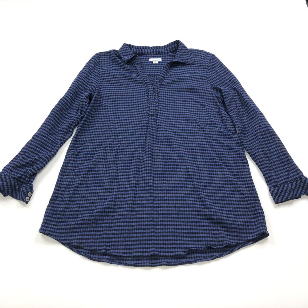 J.Jill Medium Button Pullover Long Sleeve Check Shirt Textured Gingham Blue